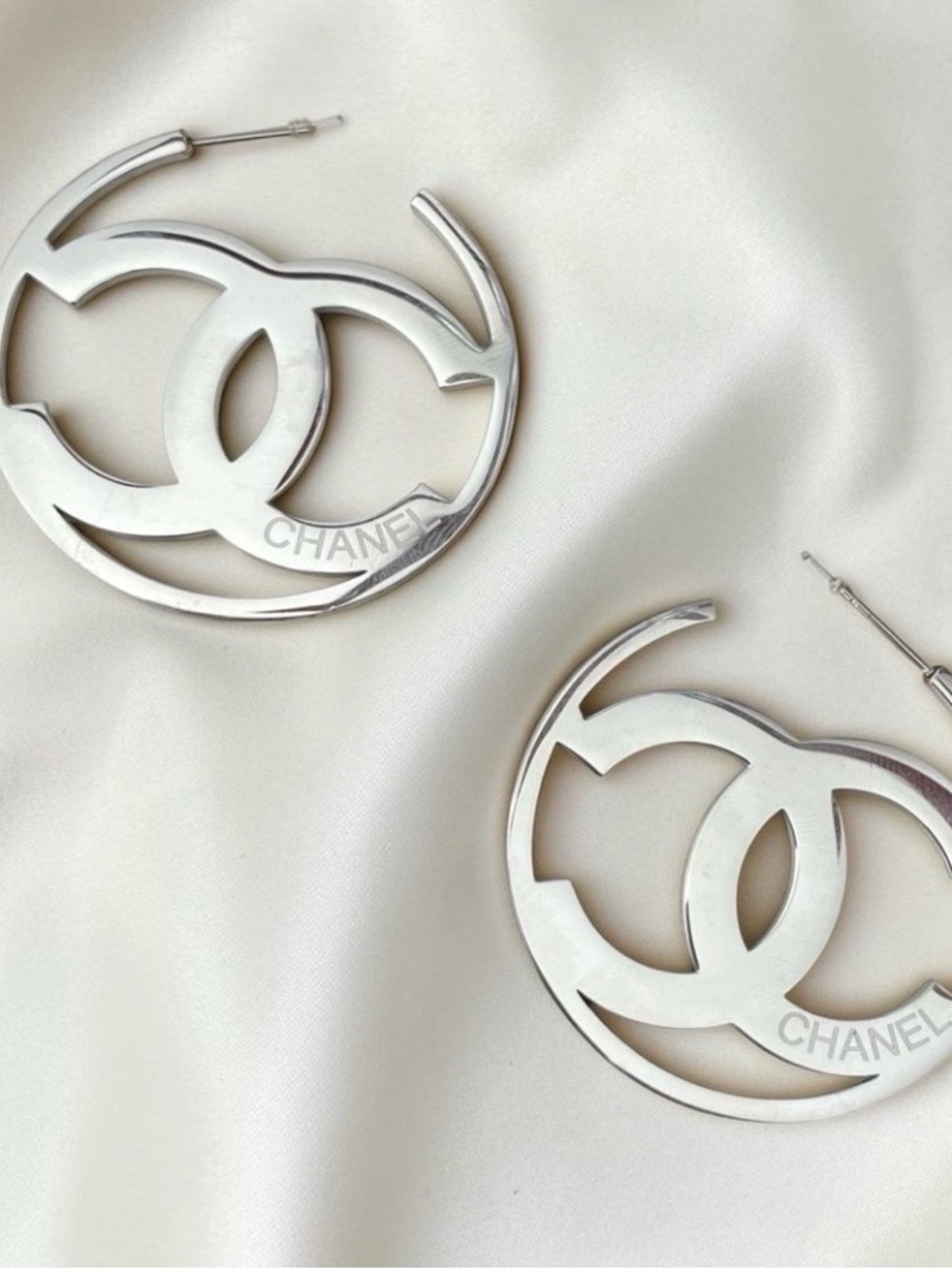 Silver Interlocking CC Logo Hoop Earrings